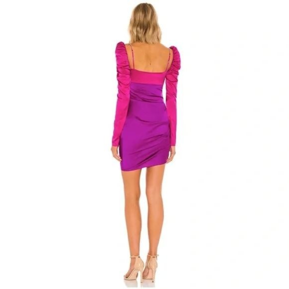 The Bar Silk Twist Puff Long Sleeve Ruched Mini Dress Pink Purple 0 - Picture 3 of 12